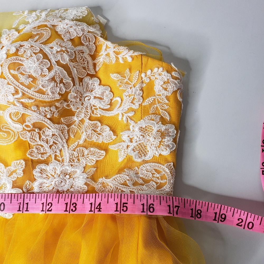 Azazie Ball Gown XS Golden Saffron Fantasy Fairy Tulle Lace One Shoulder Prom - Picture 16 of 17